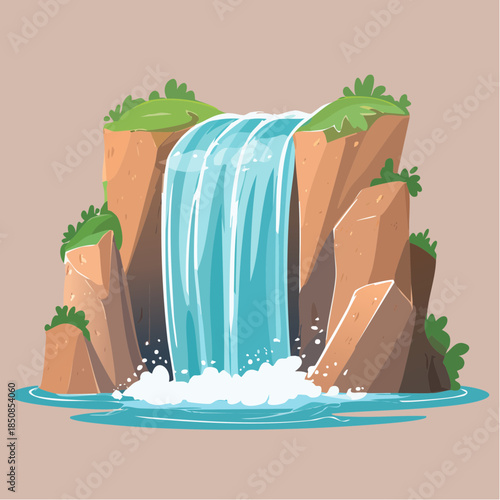 Cartoon illustration of a waterfall cascading down rocks into a pool of water, with greenery on top.