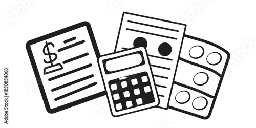 A financial calculator sits next to papers with dollar signs and circular marks, representing business and accounting.