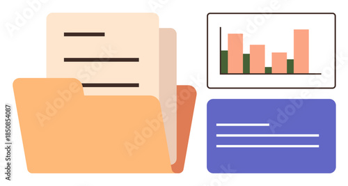 Folder containing documents, bar chart, and text box reflecting organization, analysis, and storage tasks. Ideal for data management, analysis, productivity, administration research office work