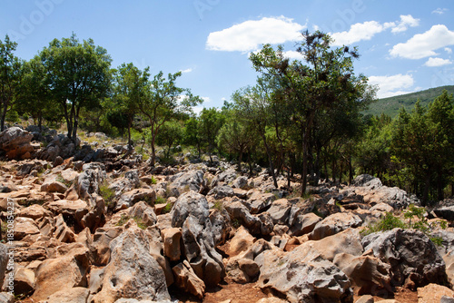 Rocky path on Apparition Hill in Medjugorje, Bosnia and Herzegovina, a sacred pilgrimage site where believers walk in prayer and reflection amid rugged terrain.