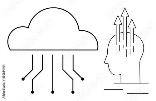 Cloud computing concept. Cloud computing reflected in data connectivity, artificial intelligence, and human thought integration. Cloud computing driving innovation in tech, AI, and business. Ideal