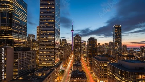 Spectacular Toronto Cityscape at Dusk with Towering Skyscrapers and Vibrant Streetlights