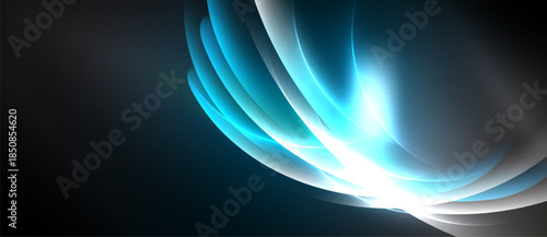 Abstract light curves radiate from bright source. Blue, white hues blend into dark background. Smooth gradients create dynamic visual effect.