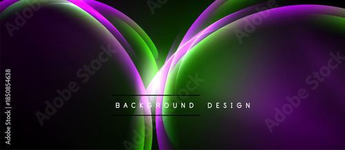 Abstract design features vibrant purple, green hues. Flowing shapes create dynamic visual impact. Dark background emphasizes luminosity.