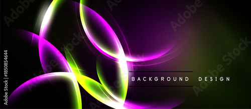 Abstract neon lines create floral shapes. Dark background contrasts vibrant purple, green glows. Modern design element.