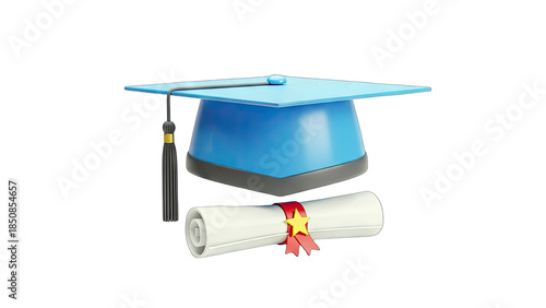 Graduation Cap and Diploma on White Background