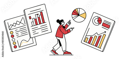 A person analyzes charts and graphs, depicting business growth and financial data, with a pie chart in the background.
