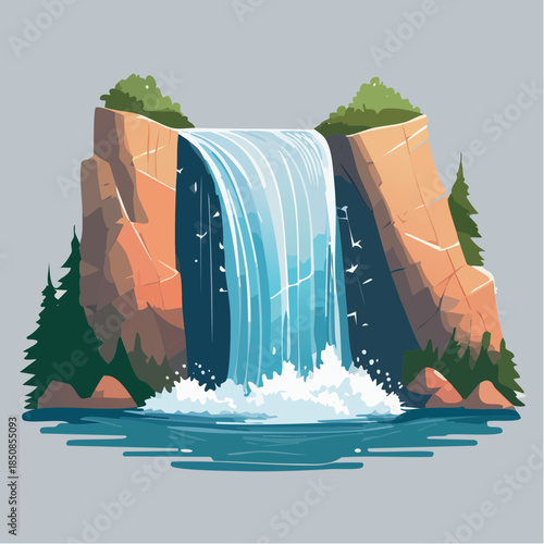 Cartoon illustration of a waterfall cascading between rocky cliffs into a pool of water.