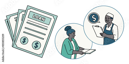 Two people are shown, one holding loan documents and the other reviewing paperwork with a dollar sign, indicating a business transaction or financial consultation.