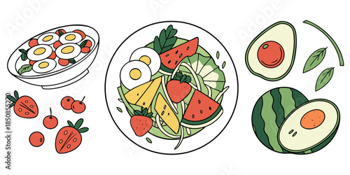 A colorful and fresh illustration of various healthy foods, including salads, fruits, and vegetables, presented in a clean and appetizing arrangement.