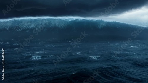 Dramatic ocean wave progression under stormy skies with approaching thunderstorm