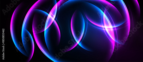 Abstract glowing shapes overlap, creating vibrant blue, purple light effects against dark background. Dynamic composition.