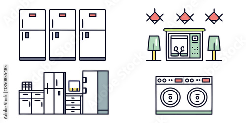 A collection of various household appliances, including refrigerators, a microwave, lamps, and a washing machine, depicted in a clean, illustrative style.