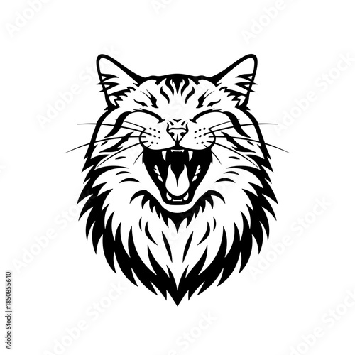 Yawning cat head illustration in black and white