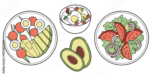 Three overhead views of healthy food dishes, including a salad with tomatoes and avocado, a bowl of sliced eggs with berries, and a salad with watermelon and onions, alongside two halves of a cut