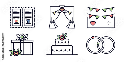 A collection of wedding-themed icons, including invitations, an archway, bunting, a gift box, a tiered cake, and wedding rings, presented in a clean, illustrative style.