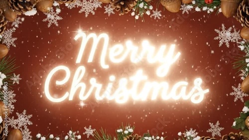 Festive Merry Christmas Text Animation with Pine Cones and Snowflakes Background Loop