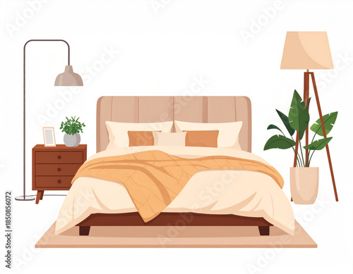 A cozy and modern bedroom interior illustration with a bed, bedside table, lamps, and plants.