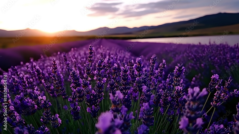 Obraz premium Lavender field at sunset with purple flowers blooming in countryside landscape. Mountain backdrop creates scenic agricultural view for aromatherapy and nature concepts.