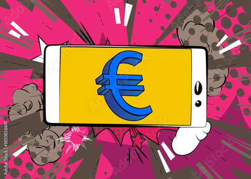 Cartoon Smartphone, comic book Telephone with Euro Sign. Retro vector comics pop art design.