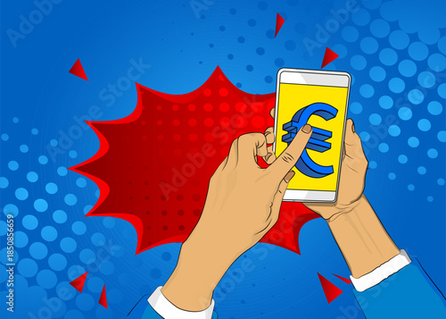 Cartoon Smartphone, comic book Telephone with Euro Sign. Retro vector comics pop art design.