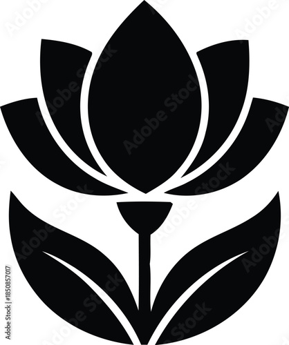 Elegant black silhouette of a stylized lotus flower with delicate leaves, representing purity, growth, and natural beauty in a simple graphic design perfect for logos or spiritual themes