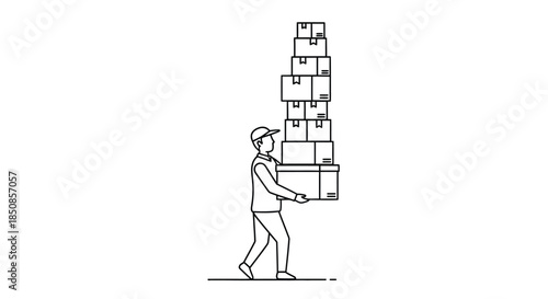Delivery person carrying a tall stack of cardboard boxes on their back