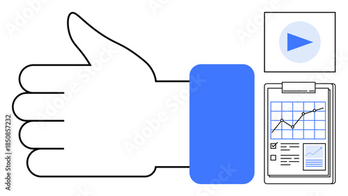 Social media strategy, online engagement, data metrics, analytics, approval ratings, surveys. A thumbs-up with a blue cuff, a graph on a clipboard and a play button. Social media strategy and online