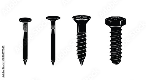 A collection of various fasteners nails screws and bolts in black and white