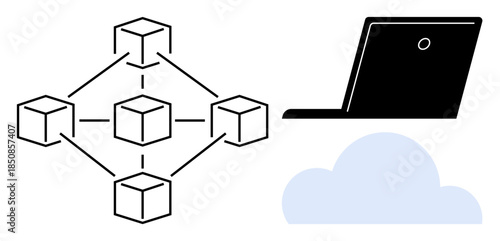 Blockchain technology, data storage, cloud computing, digital security, decentralized systems, information transfer. Network of connected blocks with laptop and cloud. Blockchain technology and data
