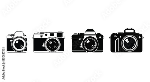 A collection of vintage cameras in black and white outline style