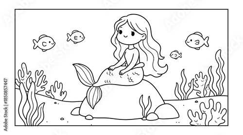 mermaid coloring page line art vector	