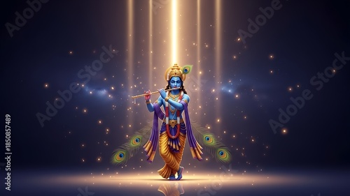 Divine Lord Krishna with Golden Light and Peacock Feathers, Hindu God Spiritual Illustration, Sacred Indian Mythology, Faith, Devotion, Meditation, Fantasy Religious Art on Dark Background