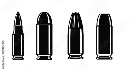 A selection of four different types of ammunition depicted in black and white