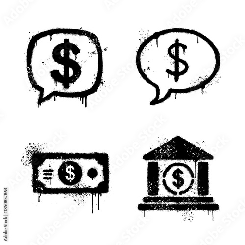 Finance and money currency graffiti symbols with spray paint drip effect