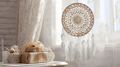 Beautiful dreamcatcher with gifts on a table by the window