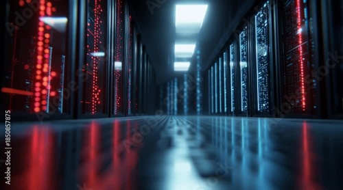 Data center with glowing server racks and cool lighting