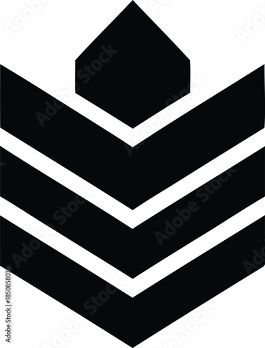 Vector graphic of a black military or police rank insignia, featuring three chevron stripes and a geometric symbol, representing authority, achievement, and service hierarchy
