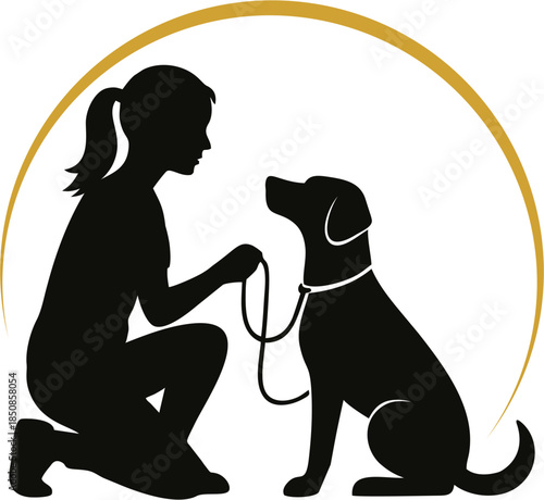 Silhouette of a woman with his dog outdoor bond between man and pet, emotional animal friendship vector illustration.