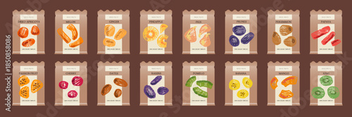 Template cover packages. Set of vector hand drawn dried fruit. Apricot, melon, ginger, pineapple, figs, prunes, persimmon, mango, banana, pomelo, raisins, dates, cherry, passion, kiwi, papaya.