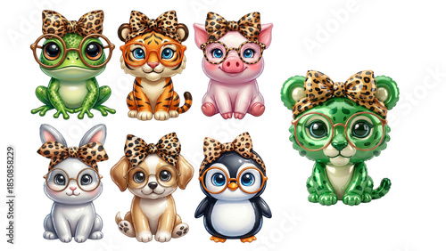Wallpaper Mural Collection Set of Cute 3D Balloon Glossy Cartoon Animals wearing Glasses and Leopard Print Bows  Transference PNG Pig Bunny cat Dog Penguin Torontodigital.ca