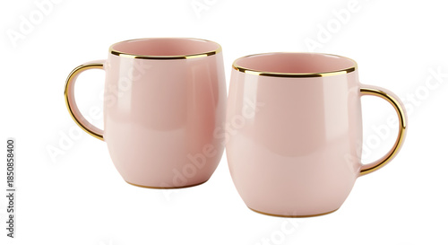Two elegant pink mugs with gold rims on transparent background