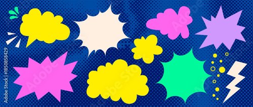 Bright comic speech bubbles on dark blue halftone background. Dynamic pop art frames with bursts, impact lines, sparks and retro cartoon shapes. Empty editable bubbles for comics, manga and stickers