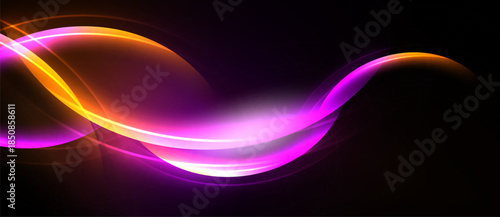 Abstract vibrant lines curve, blend. Orange, purple hues dominate dark background. Smooth gradients create dynamic visual effect.