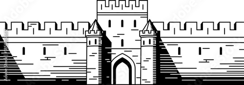 Medieval castle wall with gate and battlements. Ancient fortress defense system. Black and white vector illustration for historical design.