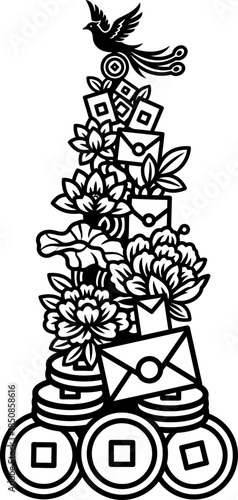 Stack of chinese coins, flowers, envelopes and bird on top, oriental culture concept. Vector illustration for design element, icon