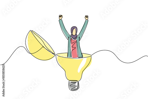 Continuous one line drawing Arab businesswoman stands inside lightbulb with top open raising hands. Celebrating freedom of thought. National Creativity Day. Single line draw design vector illustration