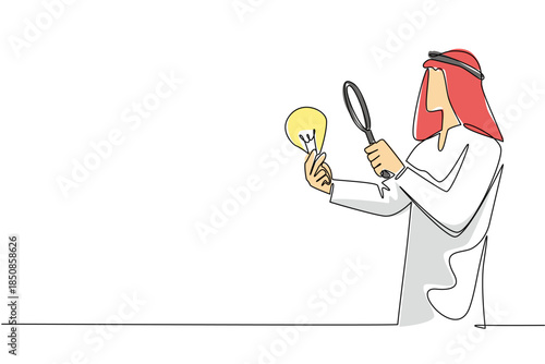 Continuous one line drawing Arab man holds lightbulb and examines with a magnifying glass. Looking for the most possible solution. National Creativity Day. Single line draw design vector illustration