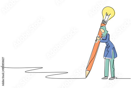 Single continuous line drawing Arab woman writes using a big pencil with a lightbulb at the end. Being creative through writing. Education. National Creativity Day. One line design vector illustration