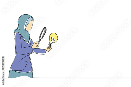 Single continuous line drawing Arab woman holds lightbulb and examines with magnifying glass. Checking the originality of ideas. Research. National Creativity Day. One line design vector illustration